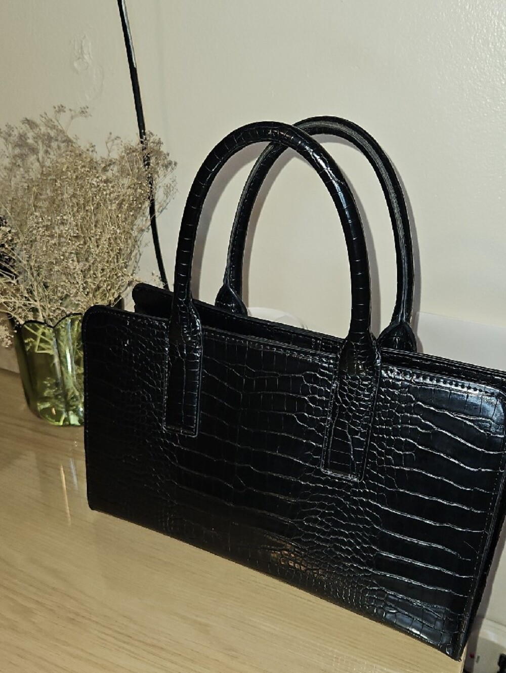 Anne Klein Black Croc-Embossed Satchel with Gold Hardware - Picture 4 of 7